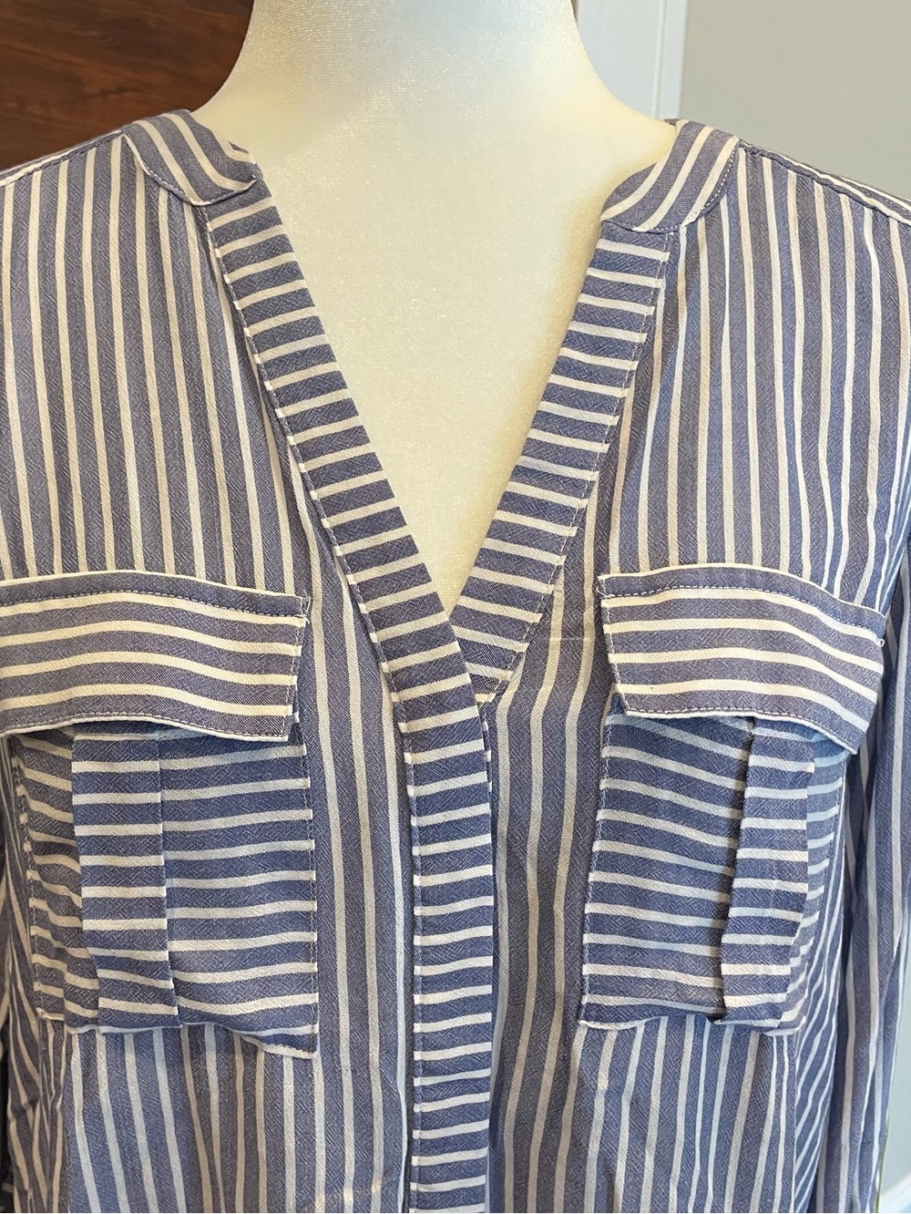 Crisp Navy Blue and white Striped V-Neck, button down, hidden